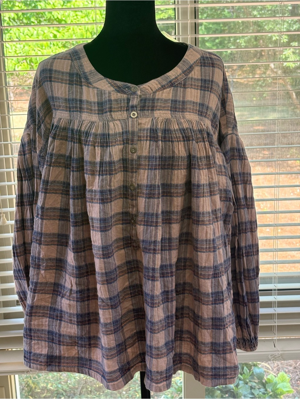We The Free Plaid Button-Front Babydoll Top in Lavender and Navy